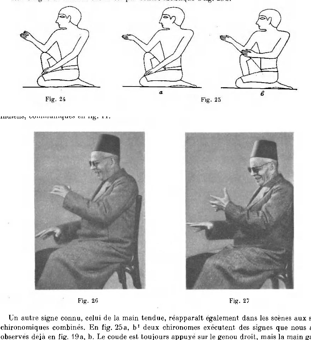 Above, three line drawings of kneeling ancient Egyptian singers with one hand raised; below, two photographs of a blind old man in dark glasses and a tarbush, seated, his hands raised in the same signs
