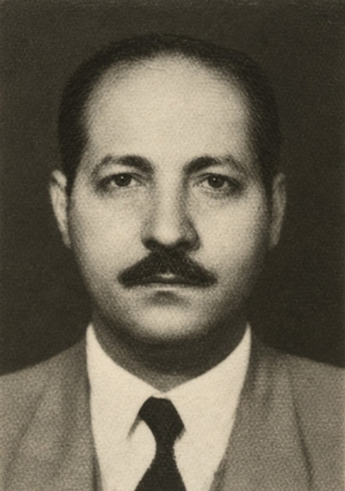 Head and shoulders of a man with a moustache, in a jacket and dark tie